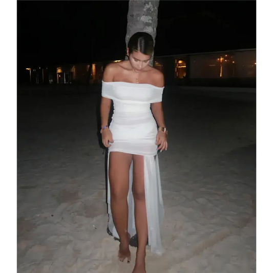 Mozision Mesh Off-shoulder Backless Sexy Maxi Dress For Women Fashion Strapless Sleeveless Split Ruched Bodycon Club