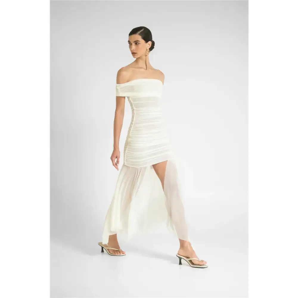 Mozision Mesh Off-shoulder Backless Sexy Maxi Dress For Women Fashion Strapless Sleeveless Split Ruched Bodycon Club