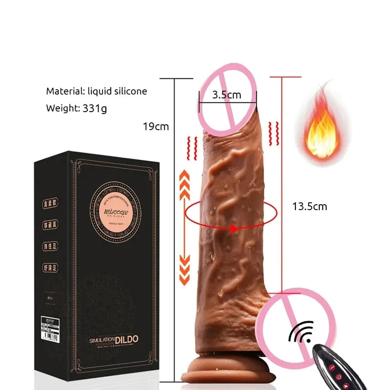 Large realistic brown dildo with remote and box showing measurements and suction base large telescopic vibrator for women