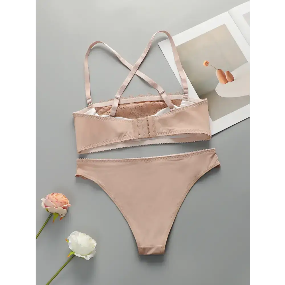 Beige wire support bra and panty set with adjustable straps and lace detailing from The Lady's Haven Boutique