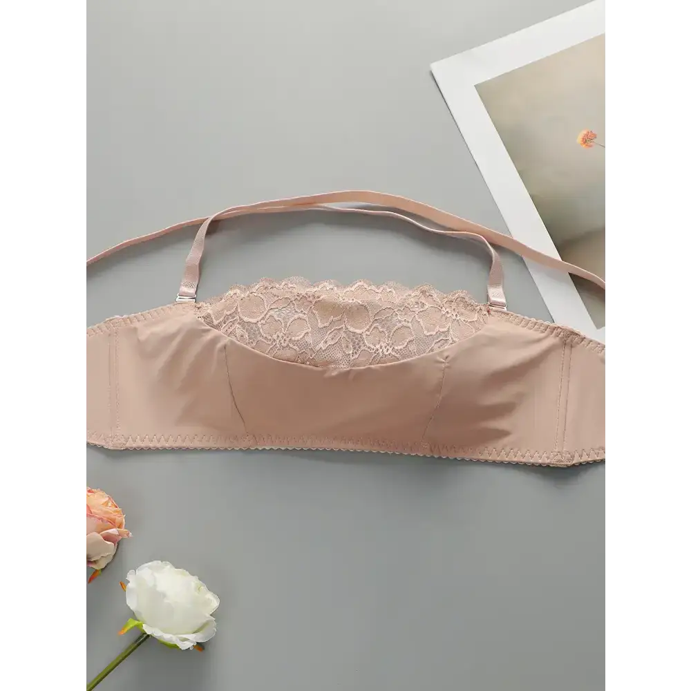 Nude wire support bra and panty set top with lace detail from The Lady's Haven Boutique