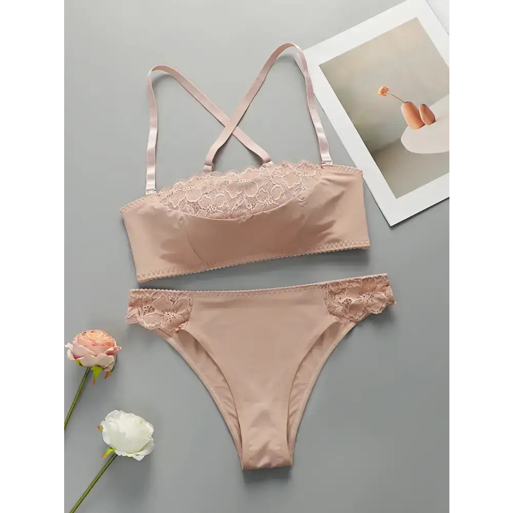 Blush pink wire support bra and panty set with lace trim and adjustable straps from The Lady's Haven Boutique