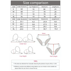 Size comparison chart and measurement guide for wire support bra and panty set with dimensions in cm and inches