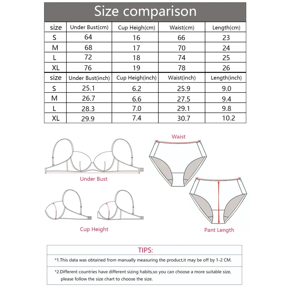Size comparison chart and measurement guide for wire support bra and panty set with dimensions in cm and inches