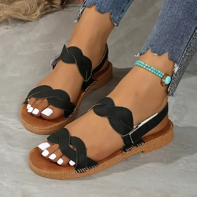 The Ladys Haven Boutique non slip flat heel summer sandals with black straps and brown sole