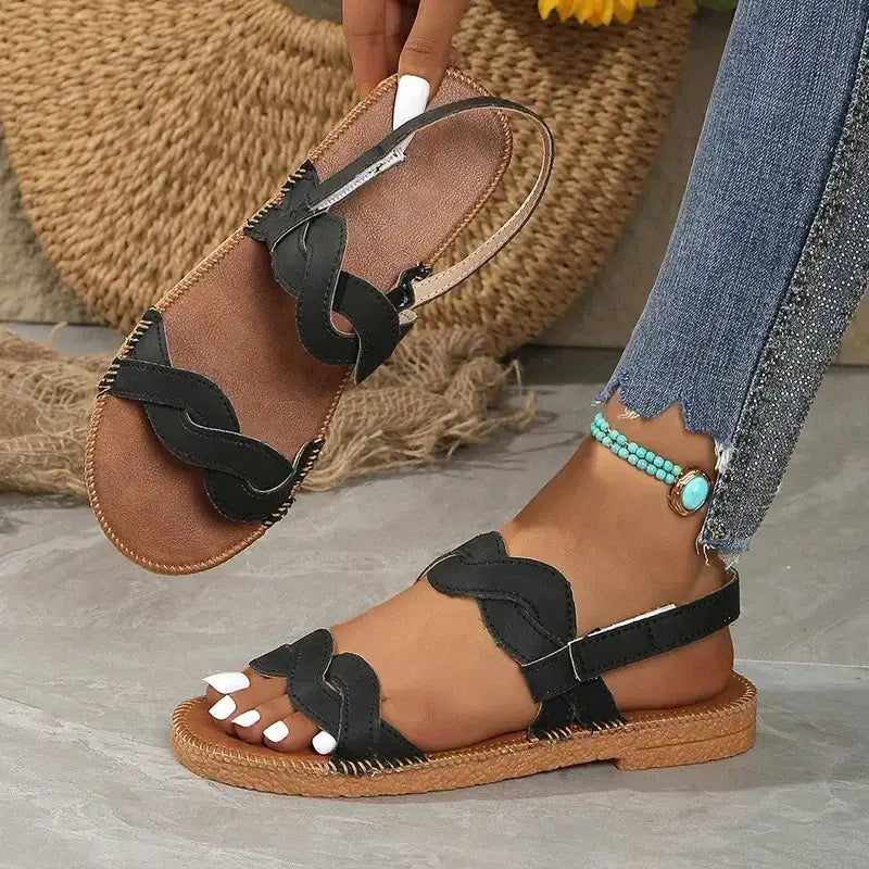 Non slip flat heel summer sandals with black braided straps and brown sole from The Lady's Haven Boutique