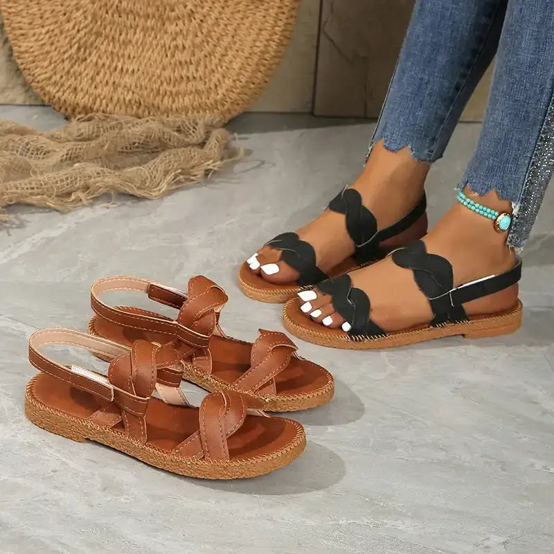 The Lady's Haven Boutique non slip flat heel summer sandals in black and brown with braided straps