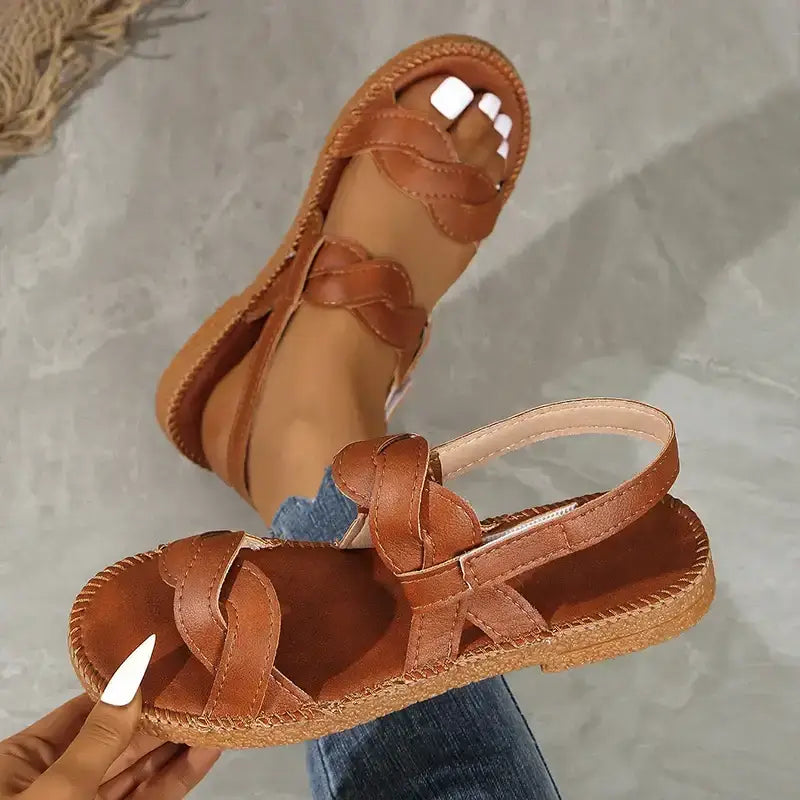 Brown non slip flat heel summer sandals from The Lady's Haven Boutique with braided straps and cushioned sole