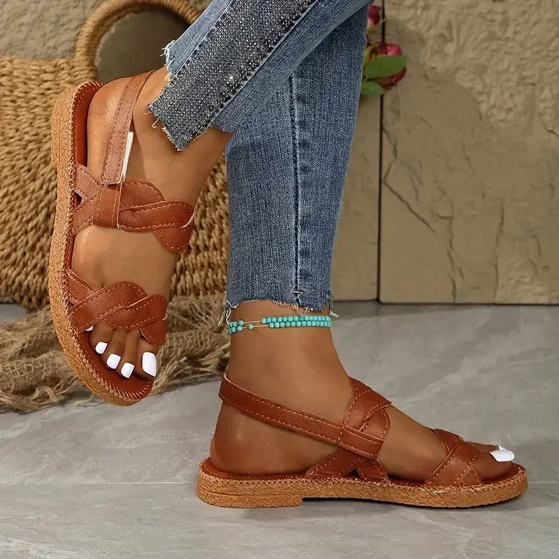 The Lady's Haven Boutique non slip flat heel summer sandals in brown leather with braided straps