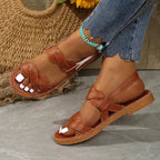 The Lady's Haven Boutique non slip flat heel summer sandals in brown leather with woven straps