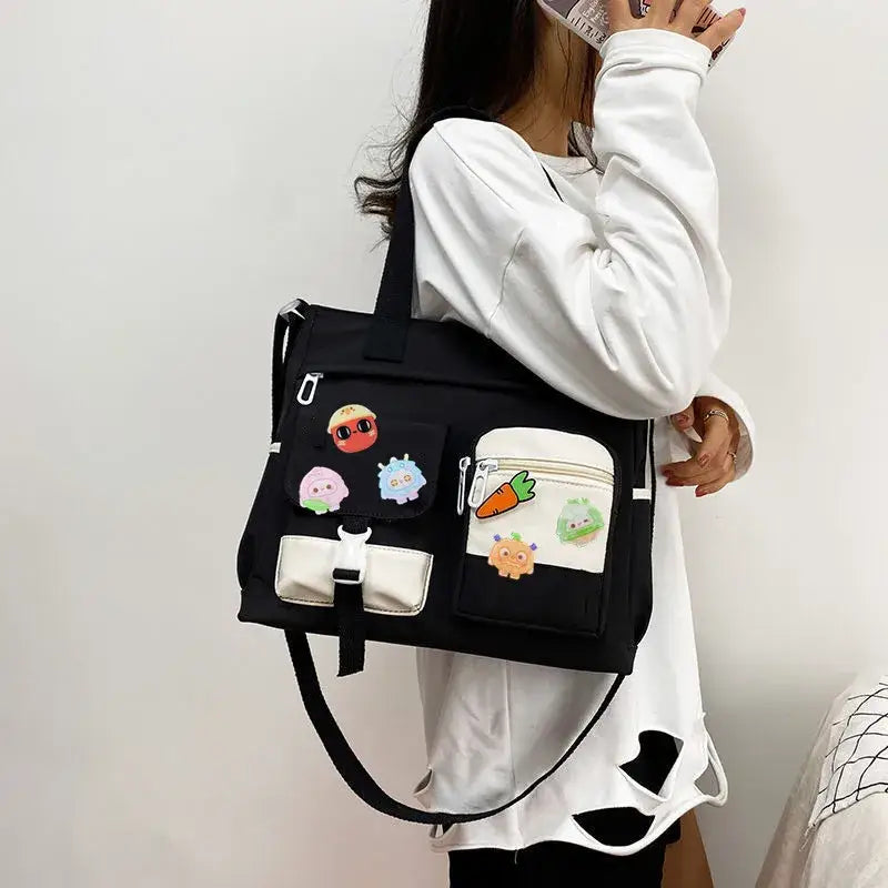 Stylish nylon crossbody messenger bag with cute patches for casual outings