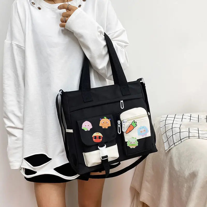 Stylish nylon crossbody messenger bag with playful patches and adjustable strap for casual outings