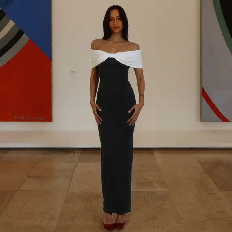 Mozision Off-shoulder Backless Sexy Maxi Dress Women Elegant Patchwork Sleeveless Backless High Waist Bodycon Club