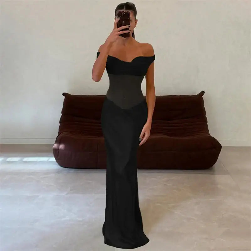 Mozision Off-shoulder Backless Sexy Maxi Dress For Women Fashion Patchwork Strapless Sleeveless Bodycon Club Party Long