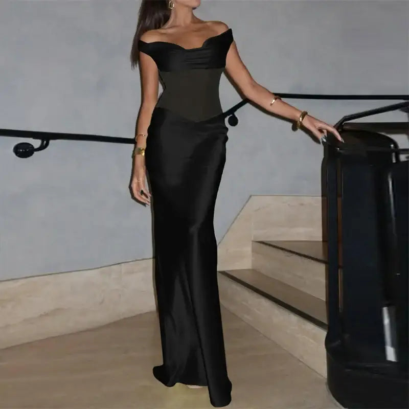 Mozision Off-shoulder Backless Sexy Maxi Dress For Women Fashion Patchwork Strapless Sleeveless Bodycon Club Party Long