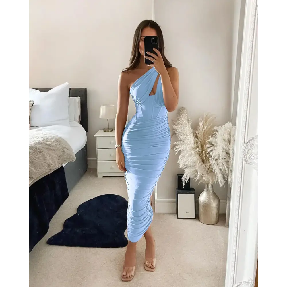 Mozision High Quality Mesh One Shoulder Backless Midi Dress For Women Fashion Hollow Out Sleeveless Ruched Long Dress