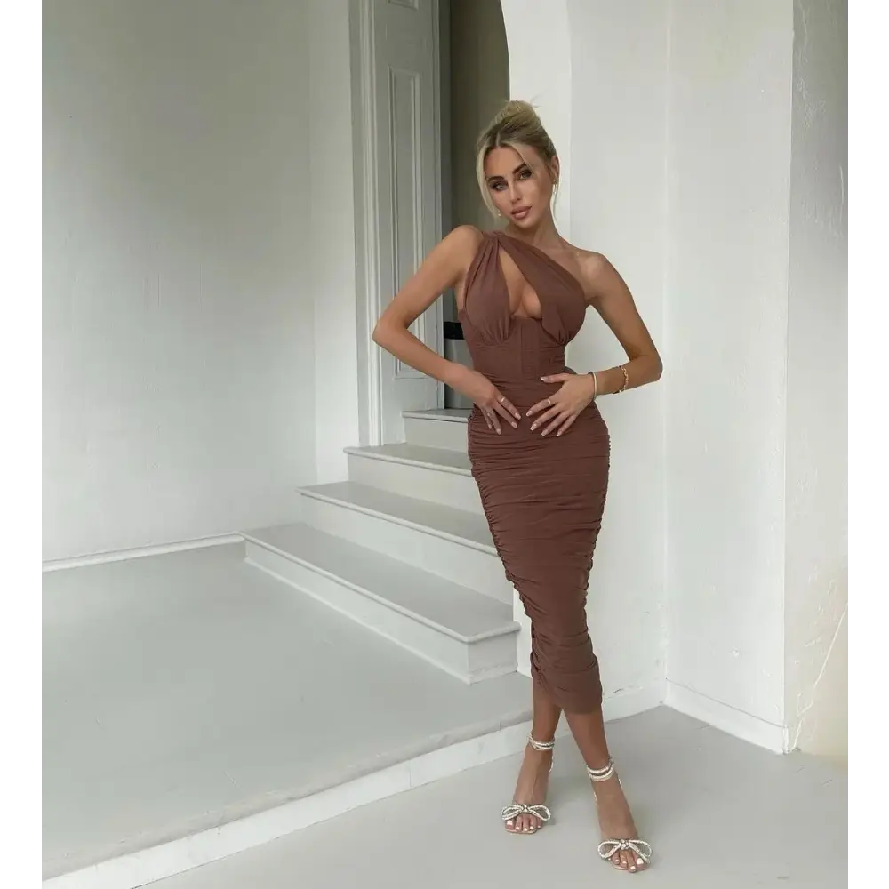 Mozision High Quality Mesh One Shoulder Backless Midi Dress For Women Fashion Hollow Out Sleeveless Ruched Long Dress