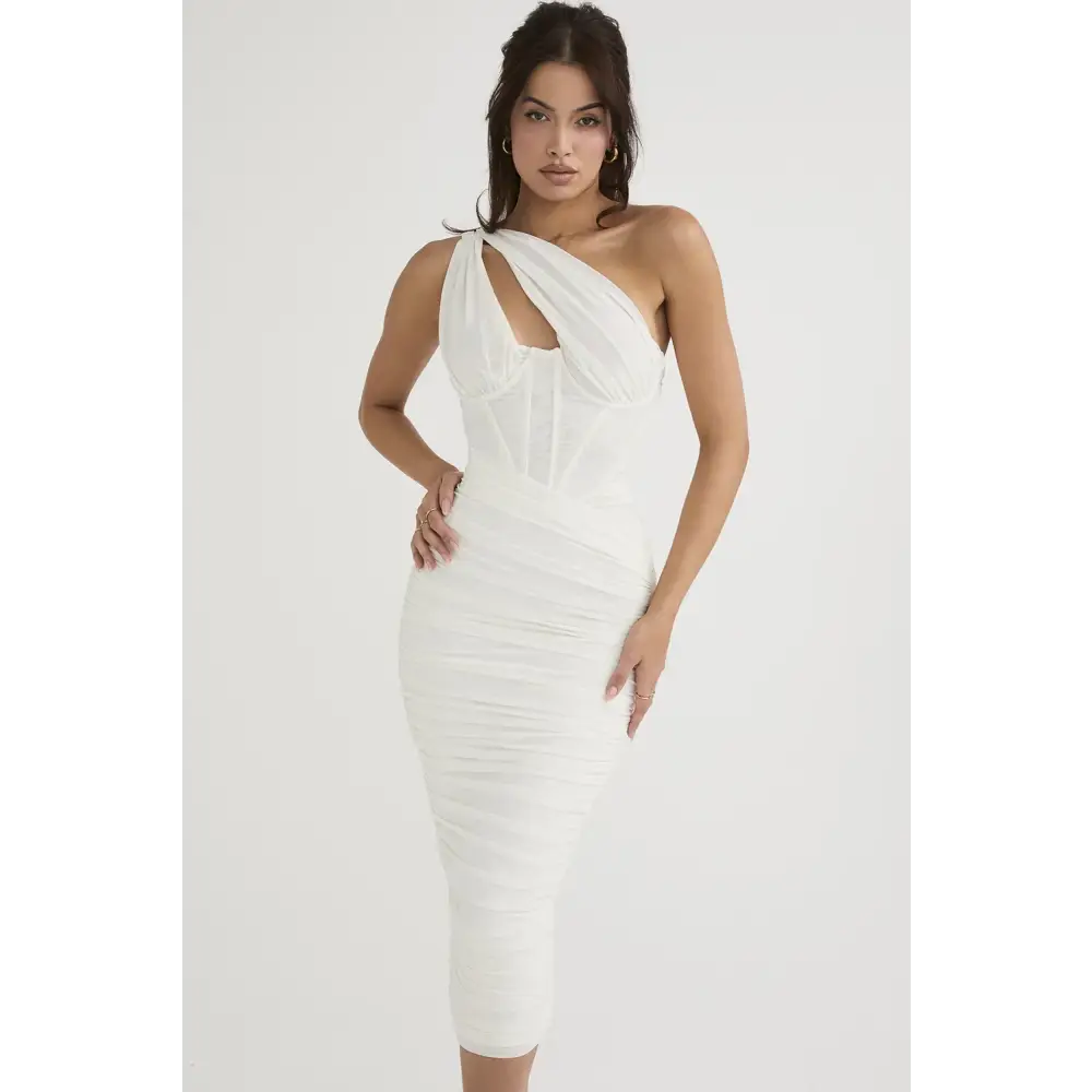 Mozision High Quality Mesh One Shoulder Backless Midi Dress For Women Fashion Hollow Out Sleeveless Ruched Long Dress