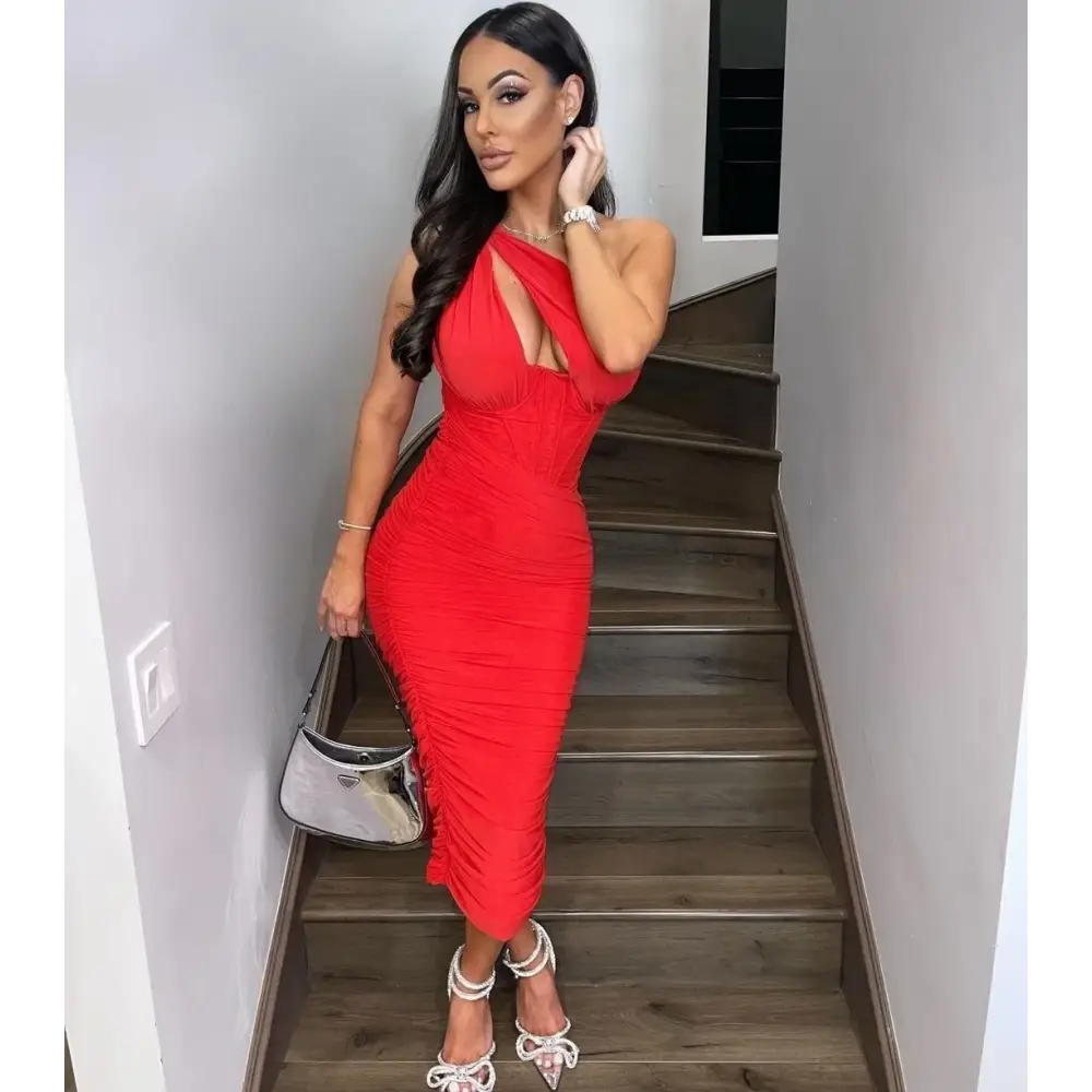 Mozision High Quality Mesh One Shoulder Backless Midi Dress For Women Fashion Hollow Out Sleeveless Ruched Long Dress