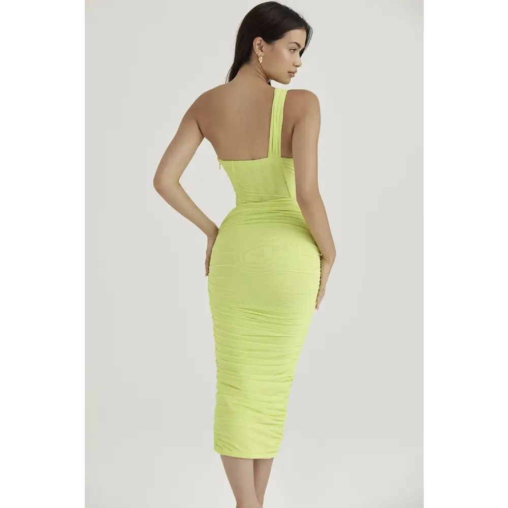 Mozision High Quality Mesh One Shoulder Backless Midi Dress For Women Fashion Hollow Out Sleeveless Ruched Long Dress