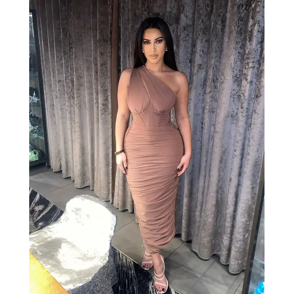 Mozision High Quality Mesh One Shoulder Backless Midi Dress For Women Fashion Hollow Out Sleeveless Ruched Long Dress