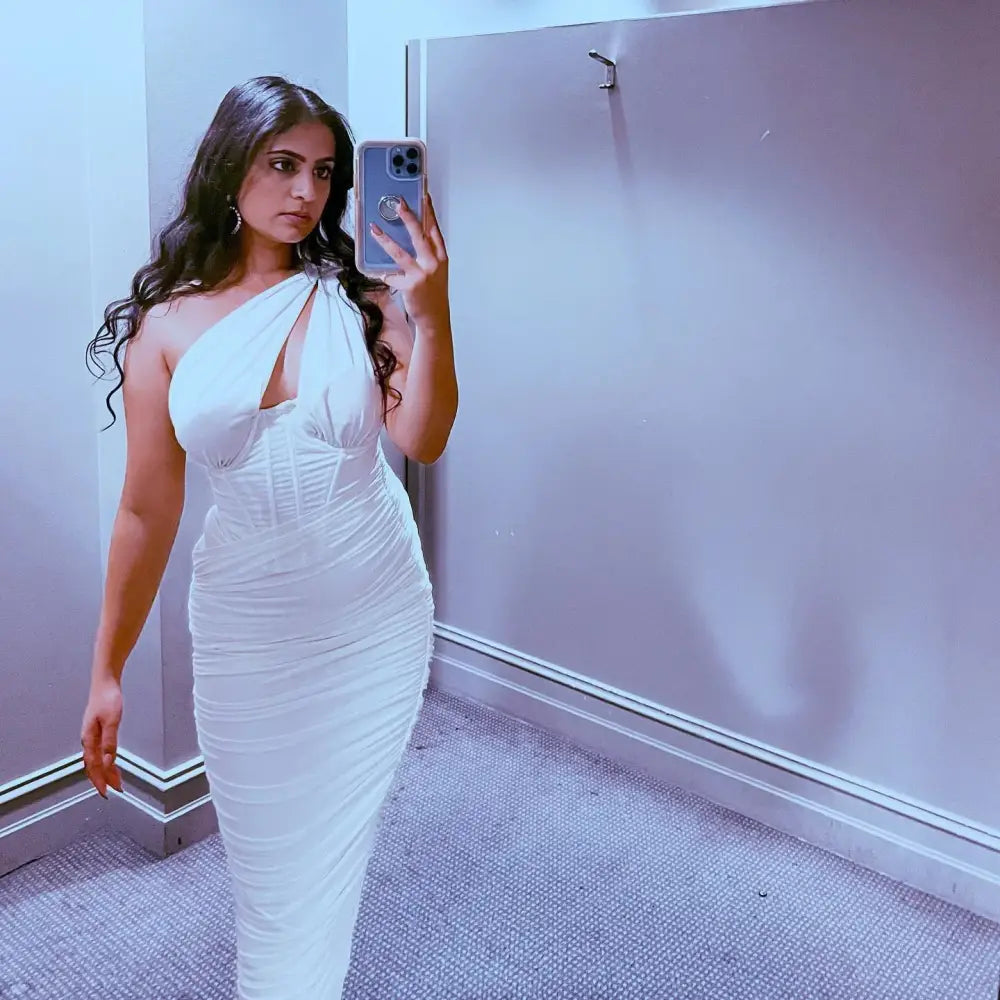 Mozision High Quality Mesh One Shoulder Backless Midi Dress For Women Fashion Hollow Out Sleeveless Ruched Long Dress