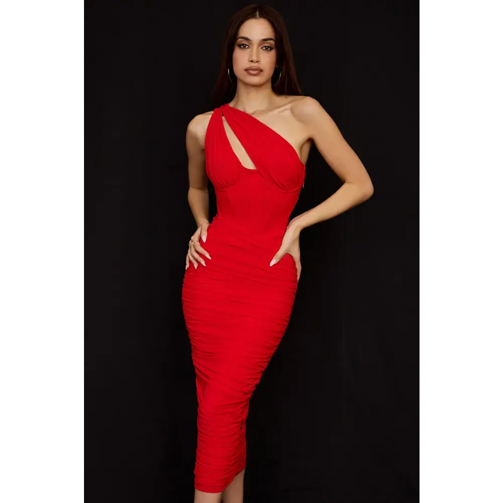 Mozision High Quality Mesh One Shoulder Backless Midi Dress For Women Fashion Hollow Out Sleeveless Ruched Long Dress