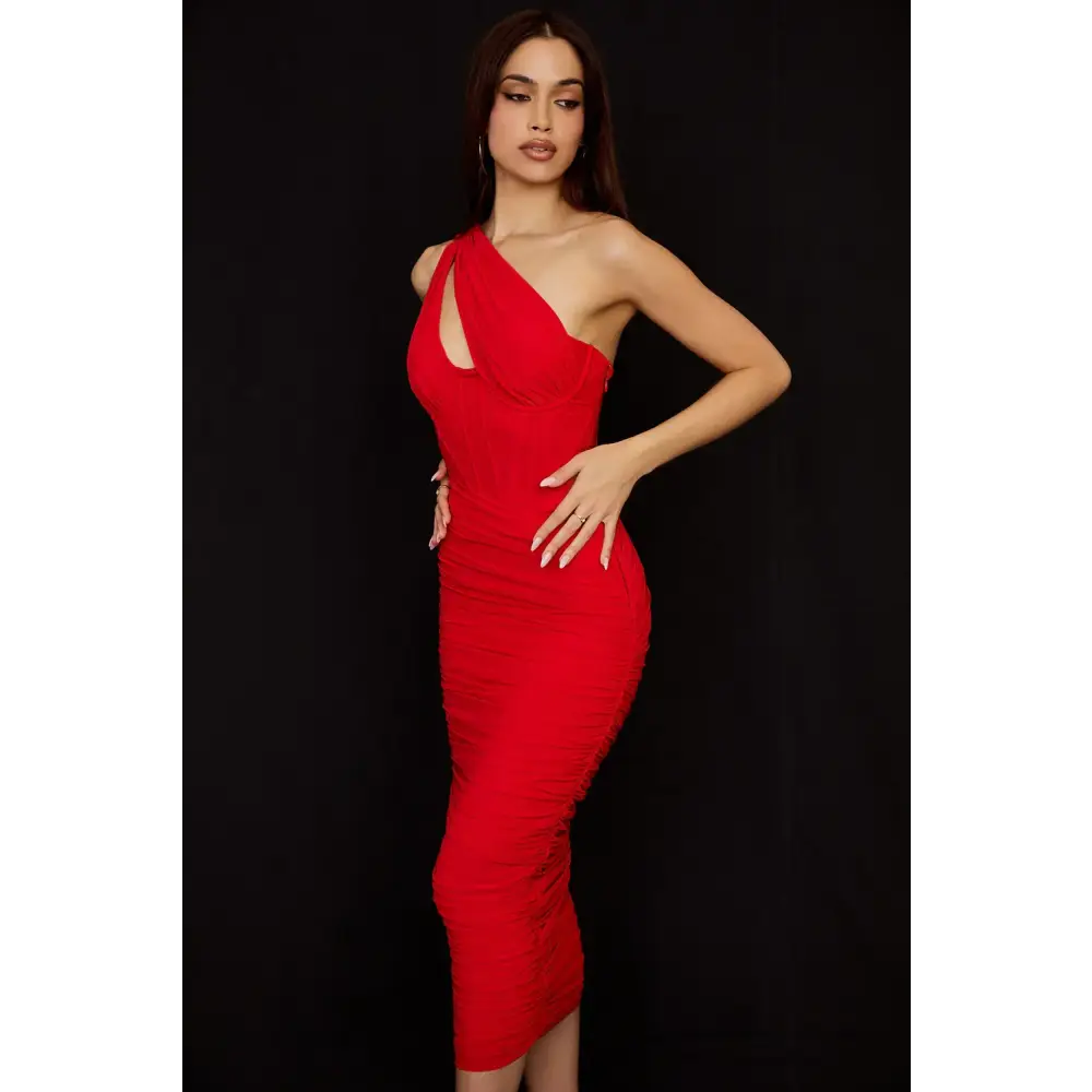 Mozision High Quality Mesh One Shoulder Backless Midi Dress For Women Fashion Hollow Out Sleeveless Ruched Long Dress