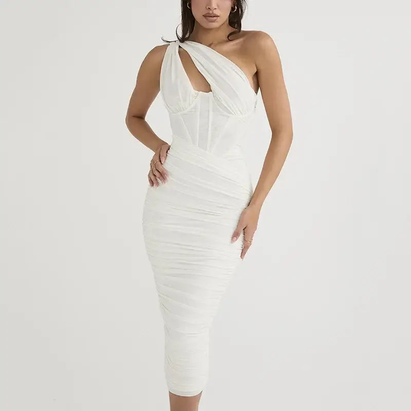 Mozision High Quality Mesh One Shoulder Backless Midi Dress For Women Fashion Hollow Out Sleeveless Ruched Long Dress