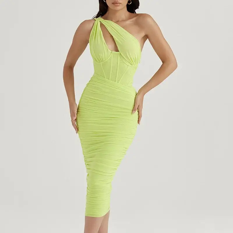 Mozision High Quality Mesh One Shoulder Backless Midi Dress For Women Fashion Hollow Out Sleeveless Ruched Long Dress