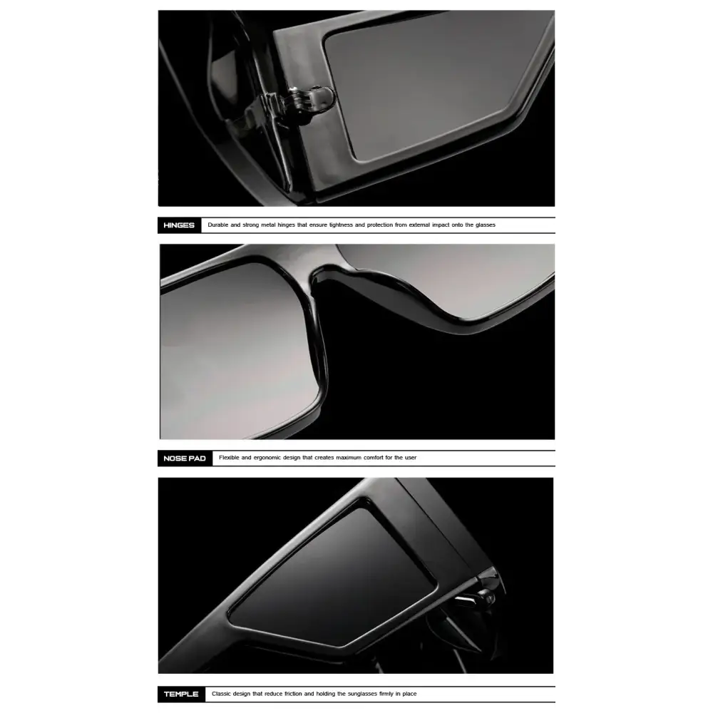 Close-up of oversize fashion sunglasses highlighting durable hinges and comfortable nose pads