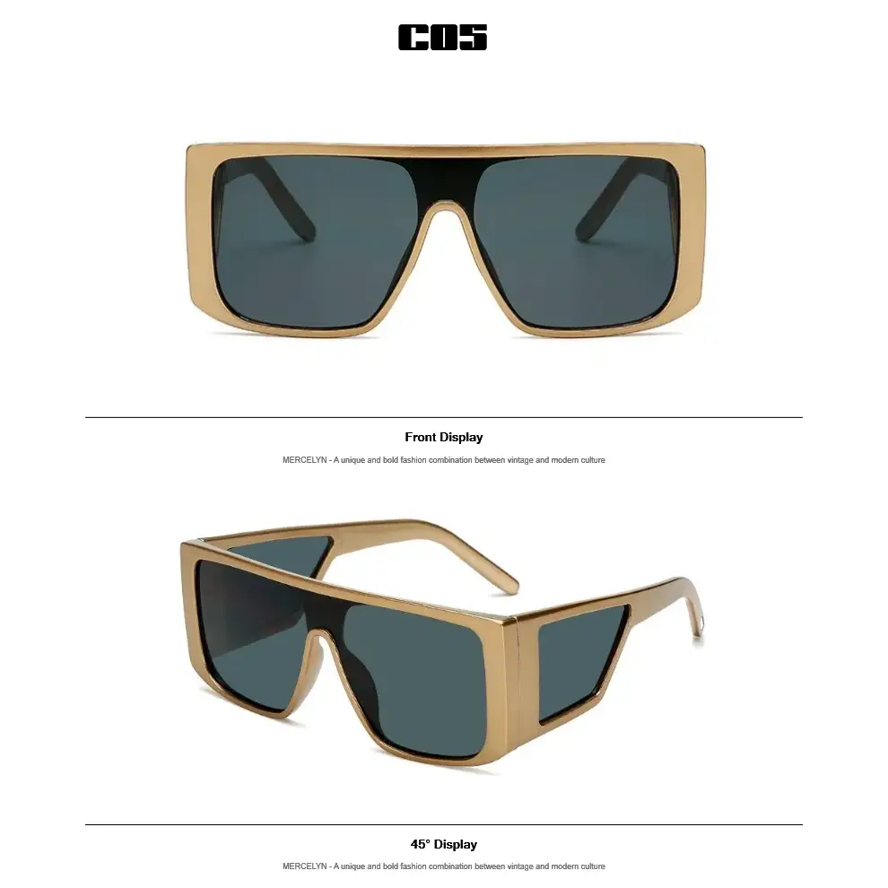 Trendy gold oversize fashion sunglasses with dark lenses for a bold summer look