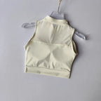 Cream Padded Gym Crop Top with Sleeveless Design and Back Detail for Comfortable Workouts