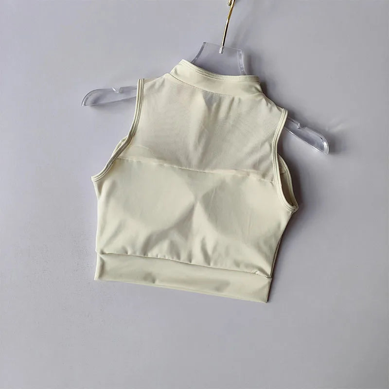 Cream Padded Gym Crop Top with Sleeveless Design and Back Detail for Comfortable Workouts