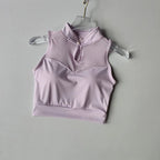 Light purple padded gym crop top with high neck and mesh panel for stylish comfort