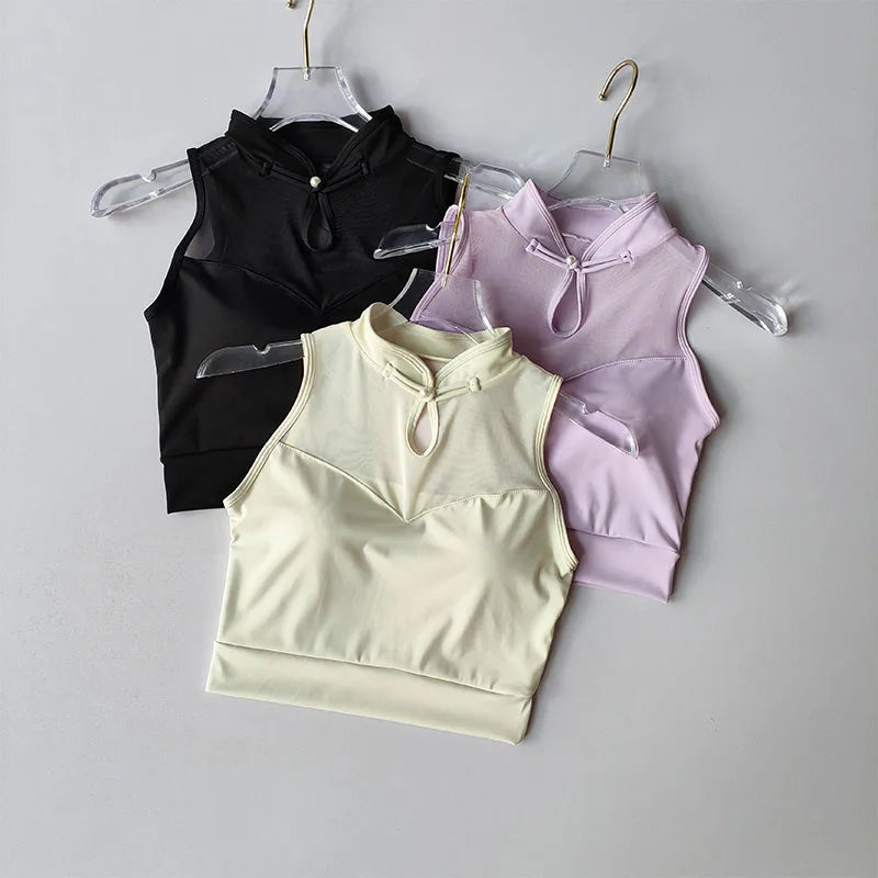 Three padded gym crop tops in black, lavender, and cream with stylish designs from The Lady's Haven Boutique