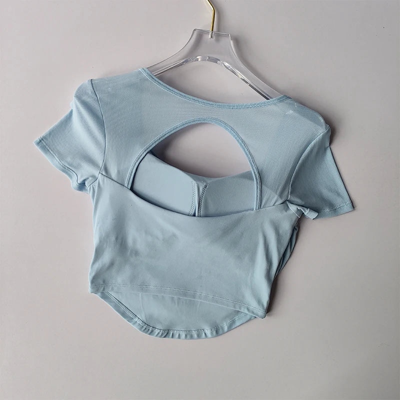 Light Blue Padded Yoga Shirts for Women with Stylish Cut-Out Back Design