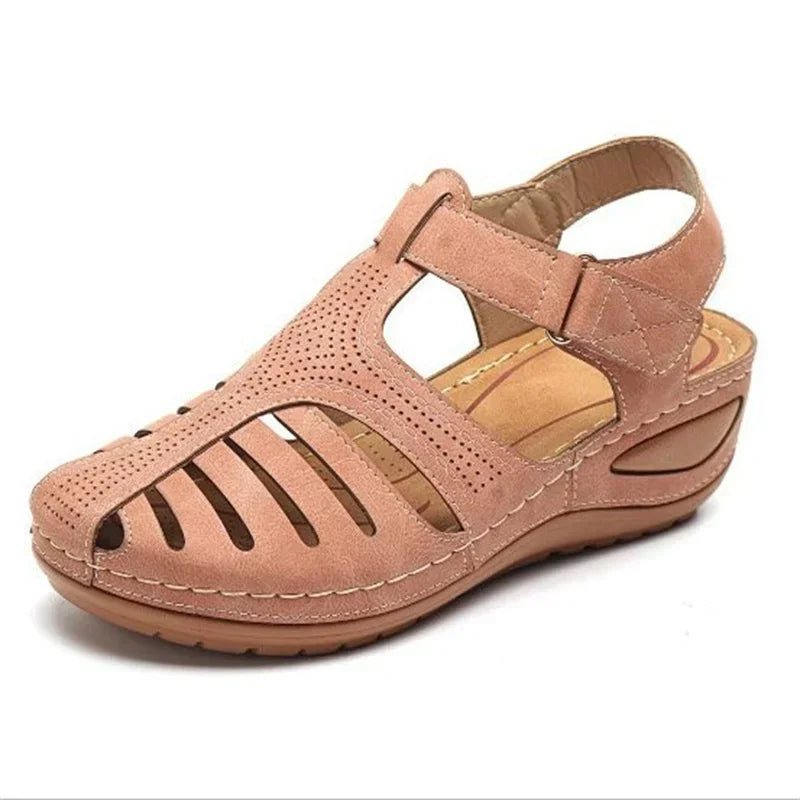 Pink leather bunion corrector summer sandals with adjustable strap and cushioned sole