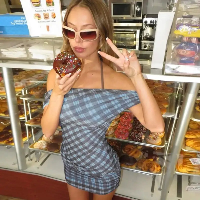 Mozision Plaid Print One Shoulder Sexy Mini Dress Women Gown Elegant Backless Sleeveless Drawstring Ruched Club Party