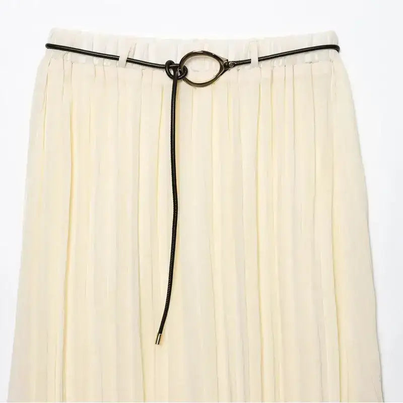 Cream pleated chiffon midi skirt from The Lady's Haven Boutique with black slim belt and gold buckle