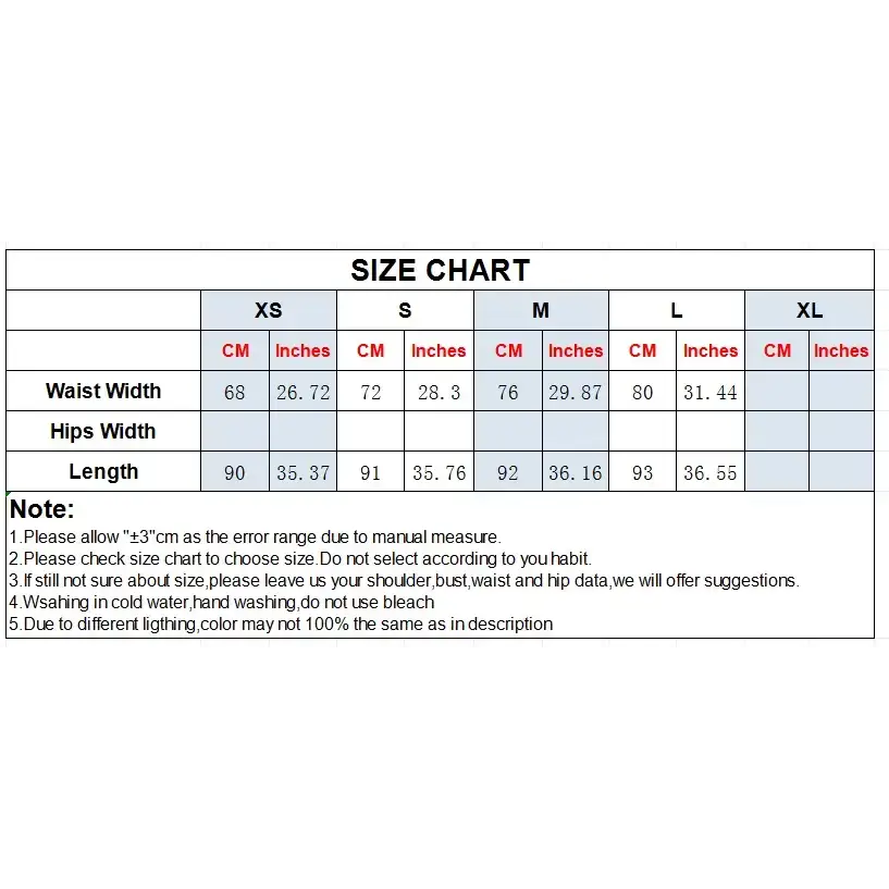 Size chart for pleated chiffon midi skirt with waist, hips, and length measurements in centimeters and inches