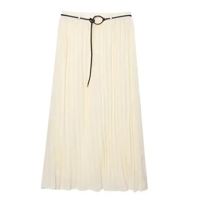 Cream pleated chiffon midi skirt with a thin black belt from The Lady's Haven Boutique
