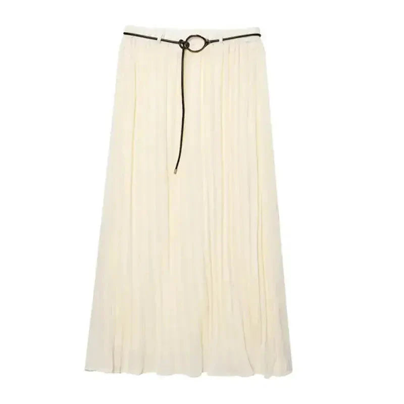 Elegant cream pleated chiffon midi skirt with a black belt from The Lady's Haven Boutique