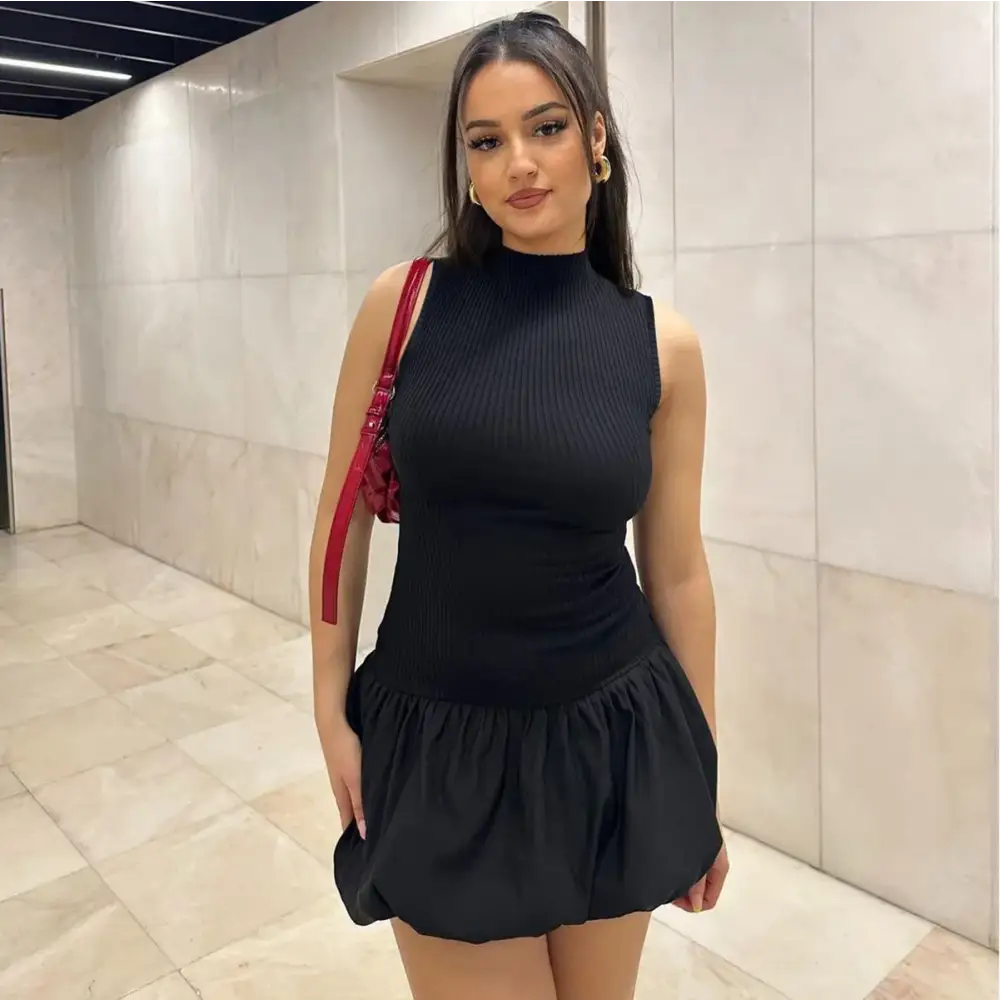 Mozision Hollow Out Backless Sleeveless Mini Dress For Women Summer New Fashion Solid O Neck Slim Pleated Dress Elegant