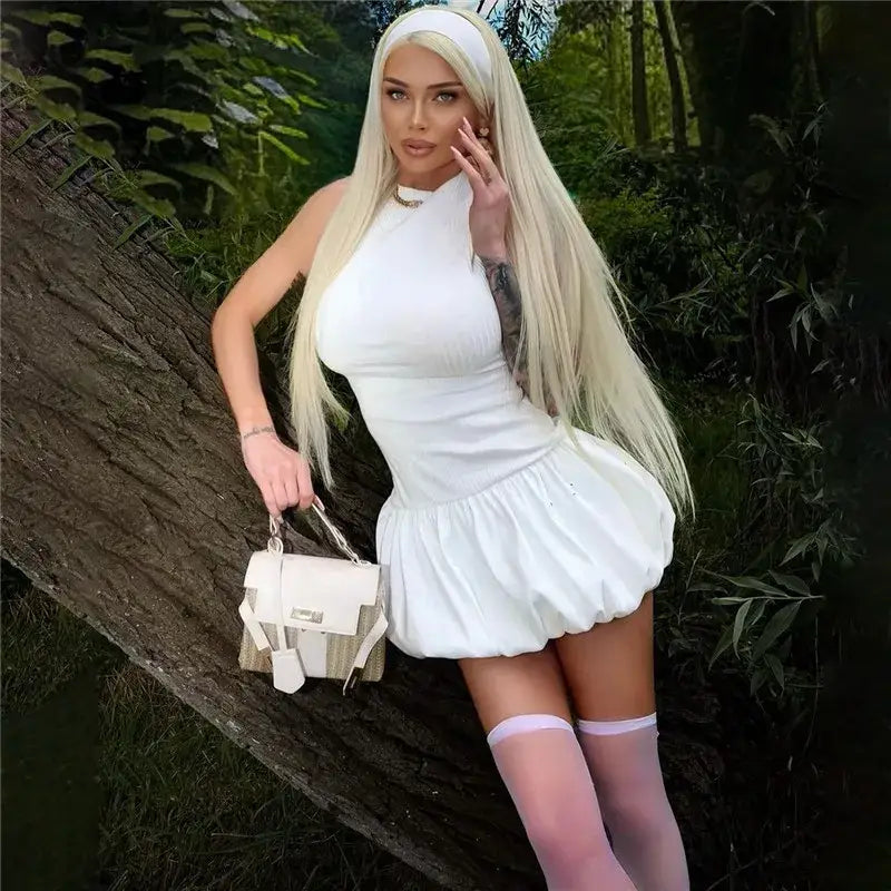 Mozision Hollow Out Backless Sleeveless Mini Dress For Women Summer New Fashion Solid O Neck Slim Pleated Dress Elegant