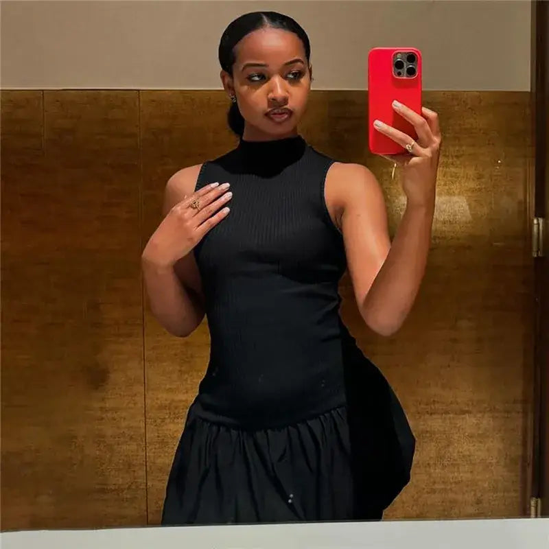 Mozision Hollow Out Backless Sleeveless Mini Dress For Women Summer New Fashion Solid O Neck Slim Pleated Dress Elegant