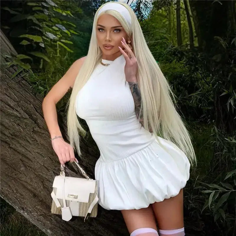 Mozision Hollow Out Backless Sleeveless Mini Dress For Women Summer New Fashion Solid O Neck Slim Pleated Dress Elegant