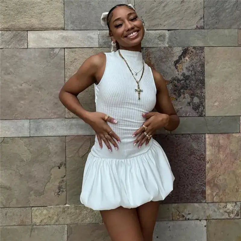 Mozision Hollow Out Backless Sleeveless Mini Dress For Women Summer New Fashion Solid O Neck Slim Pleated Dress Elegant