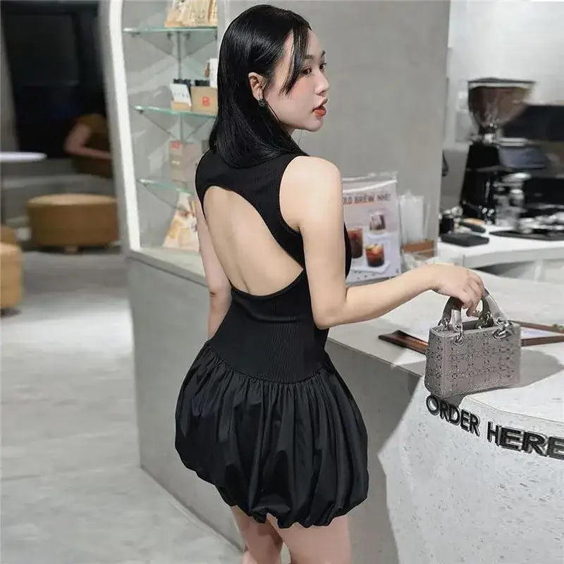 Mozision Hollow Out Backless Sleeveless Mini Dress For Women Summer New Fashion Solid O Neck Slim Pleated Dress Elegant