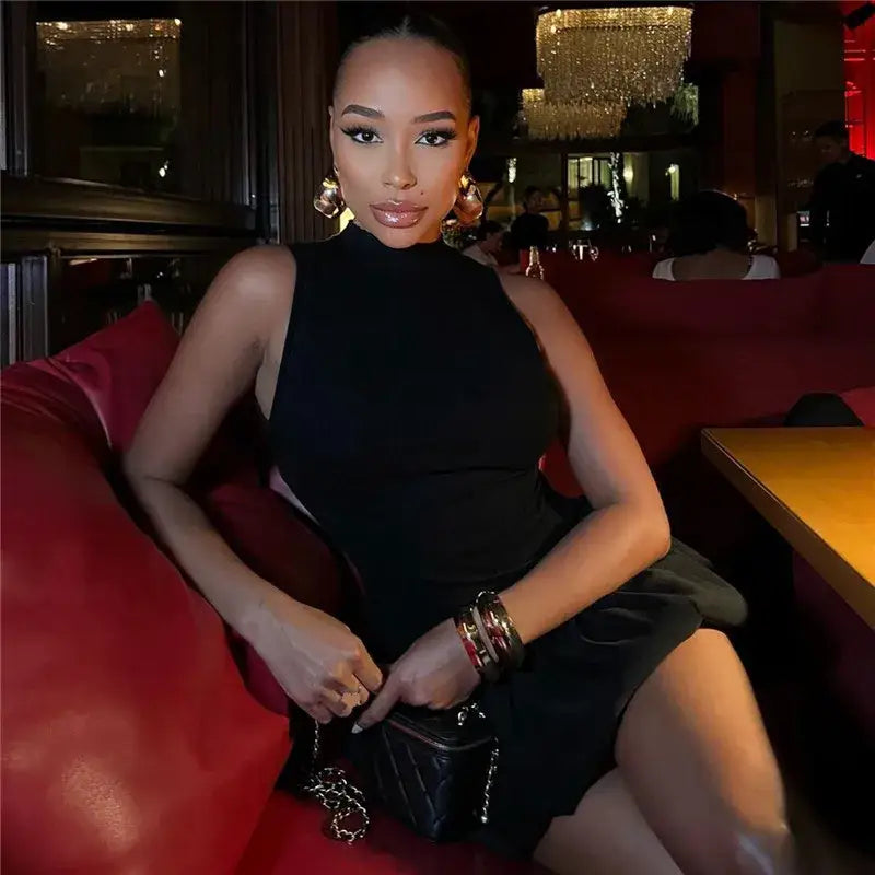 Mozision Hollow Out Backless Sleeveless Mini Dress For Women Summer New Fashion Solid O Neck Slim Pleated Dress Elegant